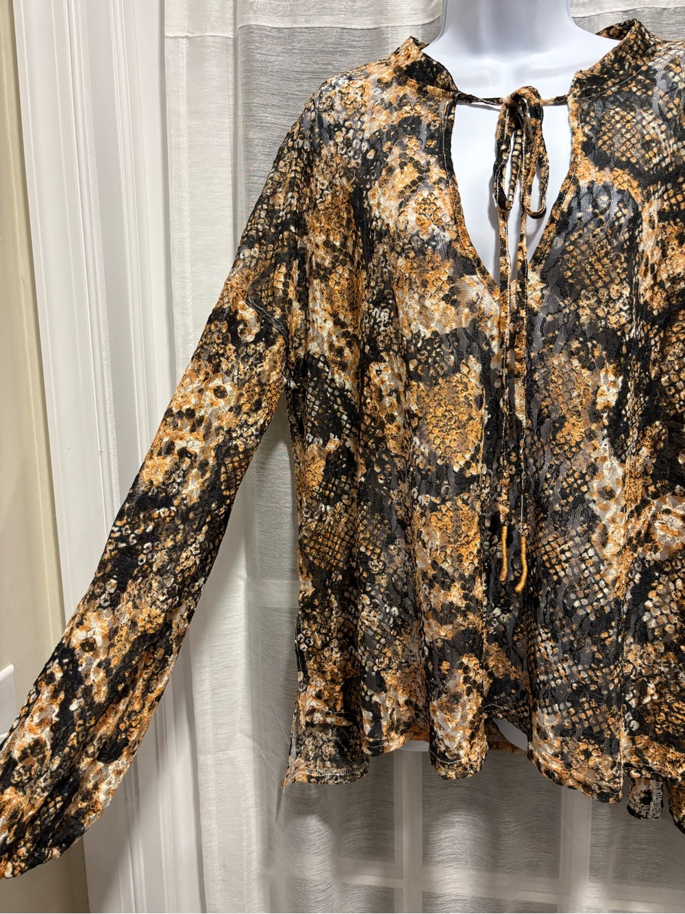 Free People Out For The Night Printed Shirt In Snake Sheer Long Sleeve Top Small